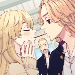 Rule 34 | 1girl, 2boys, black eyes, black jacket, blonde hair, blush, braid, braided ponytail, brother and sister, cardigan, closed eyes, collarbone, earrings, empty eyes, food, food in mouth, frown, gakuran, hand up, highres, indoors, jacket, jewelry, long hair, looking at another, medium hair, meimei (cb mei), multiple boys, open mouth, pocky, pocky kiss, profile, ryuuguuji ken, sano emma, sano manjirou, school uniform, shared food, shirt, siblings, single braid, single earring, sleeves past wrists, smile, sweat, tokyo revengers, upper body, v-shaped eyebrows, white shirt
