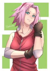 Rule 34 | 1girl, absurdres, black gloves, character name, collar, gloves, green eyes, hairband, haruno sakura, highres, jacket, looking at viewer, naruto (series), naruto shippuuden, pink hair, red hairband, red jacket, short hair, sleeveless jacket, smile, solo, standing, upper body, w-moz9-w, zipper