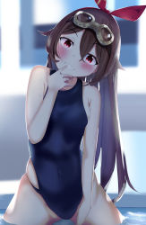 Rule 34 | 1girl, absurdres, amber (genshin impact), black one-piece swimsuit, brown hair, casual one-piece swimsuit, covered navel, cowboy shot, flat chest, genshin impact, goggles, goggles on head, grin, hair ribbon, harusame soup, head tilt, highres, long hair, looking at viewer, one-piece swimsuit, red eyes, ribbon, smile, soaking feet, solo, swimsuit, twintails, wading