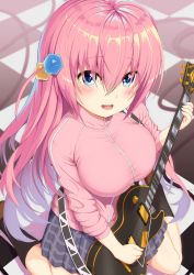 Rule 34 | :d, absurdres, black socks, blue eyes, blush, bocchi the rock!, breasts, commentary request, cube hair ornament, gotoh hitori, guitar, hair between eyes, hair ornament, hatimiz, highres, holding, holding instrument, impossible clothes, instrument, jacket, jersey, kneeling, large breasts, long hair, open mouth, pink hair, skirt, smile, socks, track jacket, track suit, zipper