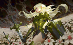 Rule 34 | 1girl, absurdres, arm rest, armor, blonde hair, blurry, breastplate, chinese commentary, depth of field, flower, from side, green armor, highres, original, parted lips, petals, planted, planted shield, planted sword, planted weapon, profile, purple eyes, shoulder armor, solo, sword, weapon, wind, ya lun