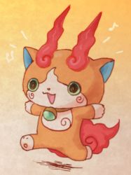 Rule 34 | 10s, beamed quavers, cat, chill ykon, fiery tail, full body, gradient background, jibakoma, musical note, no humans, open mouth, quaver, running, solo, tail, traditional youkai, youkai watch, youkai watch 2