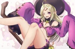 Rule 34 | 1girl, blonde hair, breasts, brooch, broom, broom riding, cleavage, fang, feet out of frame, fire emblem, fire emblem awakening, fire emblem heroes, hat, heart, heart brooch, highres, jewelry, lantern, legs up, long hair, long sleeves, looking at viewer, lower teeth only, nintendo, nowi (fire emblem), nowi (halloween) (fire emblem), official alternate costume, one eye closed, open mouth, pointy ears, reia hana, skin fang, sleeves past fingers, sleeves past wrists, small breasts, smile, solo, teeth, thighs, witch, witch hat