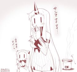Rule 34 | 10s, 2girls, abyssal ship, commentary request, contemporary, cooking, covered mouth, fish, grill, grilling, horns, kantai collection, long hair, long sleeves, mittens, monochrome, multiple girls, northern ocean princess, saury, seaport princess, shichirin, single horn, smoke, translation request, twitter username, very long hair, waving arm, yamato nadeshiko, | |