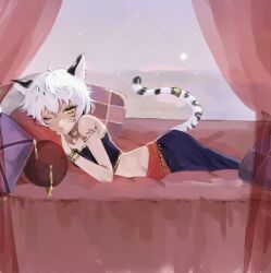 Rule 34 | 1boy, absurdres, animal ears, bed, black hair, bracelet, cat boy, cat ears, cat tail, choker, highres, indie virtual youtuber, jewelry, lying, me-to (qnev ), mihos (vtuber), multicolored hair, on bed, one eye closed, pillow, striped tail, tail, tail ornament, tail ring, tattoo, virtual youtuber, white hair, yellow eyes