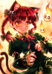 Rule 34 | 1girl, animal ears, blush, bow, braid, cat ears, cat tail, dress, extra ears, fang, fingernails, fire, frilled sleeves, frills, green dress, hair bow, hitodama, kaenbyou rin, long hair, long sleeves, looking at viewer, misaki (kyal 001), multiple tails, nekomata, orange eyes, red hair, ribbon, skull, smile, solo, tail, touhou, twin braids, two tails