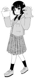 Rule 34 | 1girl, :d, blazer, blush, bow, bowtie, collared shirt, dot nose, from side, full body, greyscale, hand puppet, highres, jacket, loafers, long bangs, long hair, long sleeves, looking at viewer, low twintails, monochrome, open mouth, original, plaid, plaid skirt, pleated skirt, puppet, school uniform, shirt, shoes, sidelocks, skirt, smile, smison, socks, solo, twintails, walking