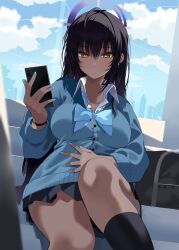 Rule 34 | 1girl, absurdres, bag, black bag, black hair, black skirt, black socks, blue archive, blue bow, blue bowtie, blue cardigan, blue halo, blue sky, bow, bowtie, breasts, cardigan, cloud, cloudy sky, collared shirt, commentary, dark-skinned female, dark skin, gomashi (goma), halo, highres, holding, holding phone, karin (blue archive), knee up, large breasts, long hair, long sleeves, phone, puffy long sleeves, puffy sleeves, shirt, sitting, sitting on stairs, skirt, sky, socks, solo, stairs, unworn bag, white shirt, yellow eyes