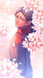 Rule 34 | 1boy, brown jacket, buttons, cherry blossoms, dark-skinned male, dark skin, floral background, flower, from above, from behind, garamgum, golden kamuy, jacket, koito otonoshin, long sleeves, looking at viewer, male focus, military, military uniform, parted bangs, petals, pink flower, purple eyes, purple hair, short hair, solo, uniform