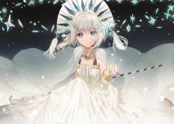 Rule 34 | 1girl, bad id, bad pixiv id, blue eyes, bracelet, cape, commentary request, cupping hand, dangmill, dark background, dress, earrings, expressionless, floating, floating object, gem, gold trim, grey hair, head tilt, headdress, jewelry, looking at viewer, medium hair, necklace, original, ring, solo, staff, tassel, tooth necklace, white cape, white dress