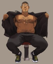 Rule 34 | 1boy, abs, bara, bare pectorals, beard stubble, facial hair, fat, fat man, full body, glasses, hairy, jitome, large pectorals, love handles, male focus, muscular, muscular male, mustache stubble, navel hair, nipples, on chair, open clothes, open shirt, opened by self, original, pectorals, shoes, short hair, sideburns, sitting, sneakers, solo, strongman waist, stubble, superman exposure, sweat, thick thighs, thighs, ugly man, unspoken (firebreath110)