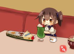 Rule 34 | 1girl, bad id, bad twitter id, blue hakama, bowl, brown eyes, brown hair, cherry, chibi, commentary, cup, drink, drinking, drinking straw, food, food on face, fruit, hakama, hakama short skirt, hakama skirt, japanese clothes, kaga (kancolle), kantai collection, long hair, mug, skirt, solo, symbol-only commentary, taisa (kari), tasuki, toy, train