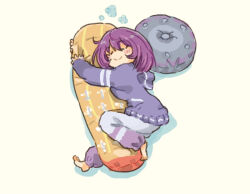 1girl barefoot closed_eyes dakimakura_(object) full_body hugging_object jacket kantai_collection lexington_(kancolle) lying on_side pants pillow pillow_hug purple_hair purple_jacket purple_pants saiguchi_otoufu shoes sleeping sleepwear solo unworn_shoes