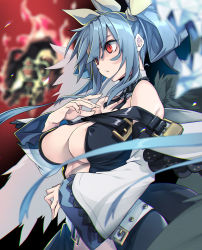 Rule 34 | 10mo, 1girl, angel wings, areola slip, asymmetrical wings, bare shoulders, belt, black background, blue hair, breasts, center opening, choker, cleavage, convenient censoring, dizzy (guilty gear), fingernails, fire, fire, from side, guilty gear, guilty gear xrd, hair between eyes, hair ribbon, hand on own chest, highres, ice, large breasts, long hair, mature female, midriff, midriff peek, monster girl, no panties, red eyes, ribbon, shaded face, sideboob, solo, tail, twintails, underboob, wide sleeves, wind, wind lift, wings, yellow ribbon