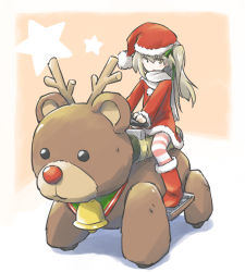 Rule 34 | 10s, 1girl, bell, boots, commentary, dress, full body, girls und panzer, hair ribbon, hat, kiddie ride, long hair, long sleeves, looking at viewer, red dress, red footwear, red hat, red legwear, reindeer, ribbon, santa costume, santa hat, scarf, shimada arisu, sitting, solo, star (symbol), striped clothes, striped legwear, striped thighhighs, tewarusa, thighhighs, white scarf