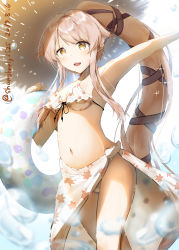 Rule 34 | 1girl, absurdres, alternate costume, artist name, autumn leaves, breasts, collarbone, commentary request, dated, hair flaps, hair ribbon, highres, holding, holding swim ring, innertube, kantai collection, long hair, looking at viewer, navel, open mouth, outstretched arm, pink hair, ponytail, ribbon, sarong, shanghmely, sidelocks, small breasts, solo, summer, swept bangs, swim ring, swimsuit, very long hair, water drop, yellow eyes, yura (kancolle)