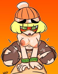 Rule 34 | 1boy, 1girl, arms (game), beanie, blonde hair, bracelet, breasts, commission, cowgirl position, food, green eyes, hat, highres, jellot, jewelry, leggings, mask, min min (arms), nintendo, nipples, noodles, penis, pussy, straddling, thighs