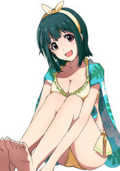 Rule 34 | 1girl, bikini, blue towel, blush, breasts, cleavage, collarbone, floral print, flower, frilled bikini, frills, green hair, hairband, hibiscus, idolmaster, idolmaster (classic), idolmaster million live!, idolmaster million live! theater days, knees up, large breasts, looking at viewer, mistrail, mole, mole under mouth, open mouth, otonashi kotori, print towel, red eyes, short hair, side-tie bikini bottom, simple background, sitting, smile, soles, solo, swimsuit, toes, towel, white background, yellow bikini, yellow hairband