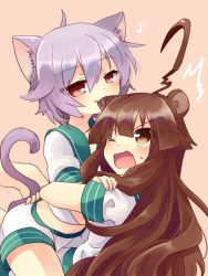 Rule 34 | 10s, 2girls, ahoge, animal ears, bear ears, biting, brown eyes, brown hair, cat ears, cat tail, ear biting, fang, fang out, kantai collection, kemonomimi mode, kuma (kancolle), light purple hair, long hair, multiple girls, nagasioo, navel, one eye closed, open mouth, red eyes, short hair, smile, tail, tama (kancolle), wavy mouth