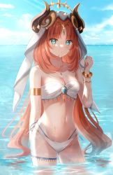 Rule 34 | 1girl, bare shoulders, bikini, blue eyes, blush, bracelet, breasts, forehead jewel, genshin impact, highres, horns, jewelry, long hair, looking at viewer, medium breasts, midriff, nasii, navel, nilou (genshin impact), ocean, parted bangs, parted lips, red hair, sky, solo, stomach, swimsuit, thigh strap, veil, very long hair, wading, wet
