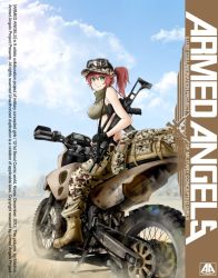 Rule 34 | 1girl, aridfleck (camo), armed angels, assault rifle, boots, camouflage, g36k, german flag, german text, germany, gloves, green eyes, gun, macline, military operator, motor vehicle, motorcycle, original, red hair, rifle, scarf, solo, tank top, vehicle, weapon