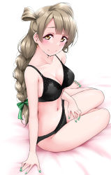 Rule 34 | 1girl, arm support, bare arms, bare legs, barefoot, bed, bed sheet, black bra, black panties, blunt bangs, blush, bow, bra, braid, braided ponytail, breasts, cleavage, collarbone, earrings, floral print, green bow, grey hair, hair bow, highres, jewelry, long hair, looking at viewer, love live!, love live! school idol project, low-tied long hair, medium breasts, minami kotori, nail polish, navel, on bed, panties, simple background, single braid, sitting, sleeveless, smile, solo, toenail polish, toenails, underwear, underwear only, white background, yellow eyes, yokozuwari, yopparai oni