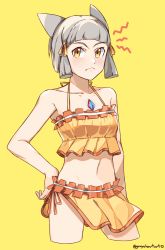 Rule 34 | animal ears, bare shoulders, bikini, blunt bangs, breasts, cat ears, chest jewel, collar, cowboy shot, cropped legs, frown, graysheartart, grey hair, halterneck, hand on own hip, highres, looking at viewer, navel, nia (xenoblade), sarong, short hair, side-tie bikini bottom, simple background, small breasts, solo, spoilers, swimsuit, twitter username, v-shaped eyebrows, xenoblade chronicles (series), xenoblade chronicles 2, yellow background, yellow bikini, yellow eyes, yellow theme