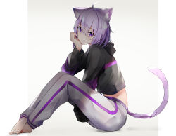 Rule 34 | 1girl, absurdres, ahoge, animal ear fluff, animal ears, barefoot, black hoodie, cat ears, cat girl, cat tail, closed mouth, commentary request, crossed bangs, feet, hand on own chin, highres, hololive, hood, hood down, hoodie, knees up, looking at viewer, looking to the side, nanashinayuzu mochi, nekomata okayu, nekomata okayu (1st costume), pants, short hair, simple background, sitting, solo, striped clothes, striped pants, tail, virtual youtuber, white pants