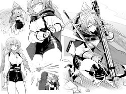 Rule 34 | 1girl, 1other, ambiguous gender, arknights, arms at sides, ass, bow (weapon), breasts, cowboy shot, criss-cross strings, crossbow, doctor (arknights), emphasis lines, expressionless, falling leaves, fartooth (arknights), feather hair, from above, from behind, from below, full body, gauntlets, greyscale, hands up, holding, holding crossbow, holding sword, holding weapon, hood, hood up, iwashi 80, leaf, light smile, limbless crossbow, long hair, long sleeves, medium breasts, monochrome, multiple views, ripples, shirt, shooting through heart, shorts, squatting, sword, tying, visor (armor), wading, water, weapon