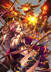 Rule 34 | 1girl, armor, beast battle chronicle zero, black gloves, blonde hair, breasts, coga, detached sleeves, female focus, gloves, happy, holding, holding weapon, long hair, long sleeves, multicolored hair, pink eyes, simple background, smile, solo, weapon