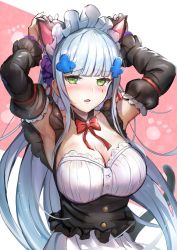 Rule 34 | 1girl, :o, animal ears, armpits, arms up, blunt bangs, blush, bow, bowtie, breasts, cat ears, cat tail, cleavage, commentary, detached collar, detached sleeves, dress, facial mark, frilled sleeves, frills, frown, girls&#039; frontline, green eyes, hair ornament, himonoata, hk416 (girls&#039; frontline), large breasts, light particles, long hair, looking at viewer, maid, maid headdress, red bow, red bowtie, silver hair, solo, sparkle, tail, teardrop, tsurime, upper body, very long hair