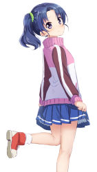 Rule 34 | 10s, 1girl, 3:, abe kanari, blue hair, blush, boots, from behind, hair ornament, hair scrunchie, high school fleet, leg up, long sleeves, looking at viewer, looking back, pleated skirt, purple eyes, scrunchie, short hair, side ponytail, simple background, skirt, skirt hold, solo, standing, standing on one leg, sweatdrop, sweater, turtleneck, turtleneck sweater, wavy mouth, wazumi hime, white background