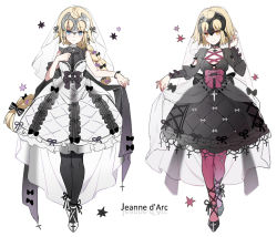 Rule 34 | 2girls, bare shoulders, black bow, black dress, black footwear, black legwear, black ribbon, blonde hair, blue eyes, bow, braid, breasts, center frills, character name, closed mouth, commentary request, cross, dress, fate/grand order, fate (series), frills, full body, gothic lolita, headpiece, jeanne d&#039;arc (fate), jeanne d&#039;arc (ruler) (fate), jeanne d&#039;arc alter (avenger) (fate), jeanne d&#039;arc alter (fate), leopardtiger, lolita fashion, long braid, long hair, long sleeves, looking at viewer, medium breasts, multiple girls, pantyhose, pink legwear, ribbon, see-through, simple background, single braid, sleeveless, sleeveless dress, smile, standing, veil, white background, white dress, white footwear, yellow eyes