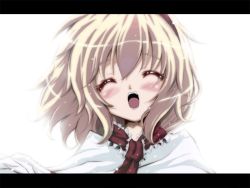 Rule 34 | 1girl, :d, ^ ^, alice margatroid, bad id, bad pixiv id, blonde hair, blush, capelet, closed eyes, female focus, letterboxed, necktie, open mouth, red necktie, satou kuroon, short hair, smile, solo, touhou, upper body