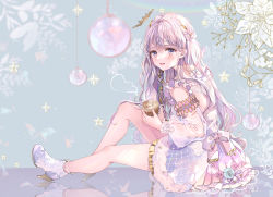 Rule 34 | 1girl, beads, blurry, blush, bow, braid, commentary request, cup, detached sleeves, dress, eyelashes, flower, frills, full body, hair behind ear, hair ornament, high heels, highres, holding, holding cup, long hair, looking to the side, open mouth, original, puracotte, reflection, reflective floor, short dress, sitting, smile, solo, steam