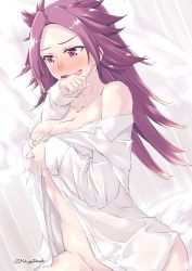 Rule 34 | 1girl, bare shoulders, blush, breasts, cleavage, commentary request, embarrassed, forehead, groin, hair intakes, jun&#039;you (kancolle), kantai collection, large breasts, long hair, mikage takashi, naked shirt, off shoulder, open mouth, purple eyes, purple hair, shirt, smile, solo, spiked hair