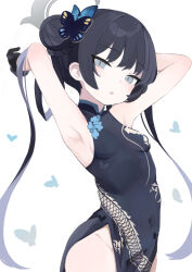Rule 34 | 1girl, absurdres, armpits, arms up, black dress, black gloves, black hair, blue archive, breasts, butterfly hair ornament, china dress, chinese clothes, double bun, dragon print, dress, gloves, grey eyes, groin, hair bun, hair ornament, halo, highres, kisaki (blue archive), long hair, looking at viewer, no panties, print dress, rotroto, side slit, small breasts, solo, twintails