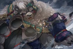 Rule 34 | 2boys, ainu clothes, animal ears, artist name, bad id, bad twitter id, bara, bear boy, bear ears, brown fur, chest hair, commentary request, dated, facepaint, fighting, full body, furry, furry male, gakuran, glowing, glowing sword, glowing weapon, highres, holding, holding sword, holding weapon, kimun kamui (housamo), male focus, multiple boys, muscular, muscular male, nipples, pawpads, pelvic curtain, plump, protagonist 5 (housamo), ragun (lagoon bluebear), red eyes, scar, scar on face, scar on mouth, school uniform, shirt, shoes, short hair, signature, size difference, smile, sword, thick eyebrows, tokyo houkago summoners, twitter username, weapon, white hair