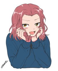 Rule 34 | 1girl, artist name, black necktie, blue sweater, blush, brown eyes, commentary, cropped torso, fang, girls und panzer, half-closed eyes, hands on own face, highres, long sleeves, looking at viewer, medium hair, nail polish, necktie, open mouth, red hair, red nails, rosehip (girls und panzer), school uniform, signature, simple background, skin fang, smile, solo, st. gloriana&#039;s school uniform, sweater, upper body, v-neck, white background, zono (inokura syuzo029)