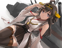 Rule 34 | 10s, 1girl, ahoge, arm up, bare shoulders, blush, boots, brown hair, cup, detached sleeves, double bun, hair ornament, hairband, japanese clothes, kantai collection, kongou (kancolle), long hair, looking down, nontraditional miko, personification, salute, skirt, smile, solo, spilling, tea, tea (nakenashi), teacup, thigh boots, thighhighs, zettai ryouiki