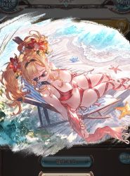 Rule 34 | 1girl, bad id, bad twitter id, beach, beach chair, bikini, blonde hair, breasts, cleavage, commentary request, flower, granblue fantasy, hair between eyes, hair flower, hair ornament, hairband, hibiscus, large breasts, leg strap, long hair, looking over eyewear, looking over glasses, lying, momio, on back, ponytail, reclining, red bikini, sandals, solo, starfish, sunglasses, swimsuit, thigh strap, tinted eyewear, waves, zeta (granblue fantasy)