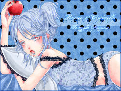 Rule 34 | 1girl, apple, bad id, blue hair, camisole, character name, copyright name, d-artemisatto, d.artemisatto, floral print, food, fruit, looking at viewer, lying, on stomach, open mouth, panties, pillow, pink eyes, romeo to cinderella (vocaloid), sasayaki nunnoru, short hair, solo, strap slip, underwear, underwear only, utau, vocaloid