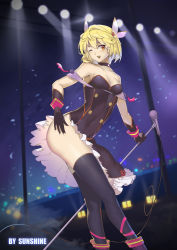 Rule 34 | 1girl, ;d, absurdres, armpits, artist name, ass, black dress, black gloves, black thighhighs, blonde hair, blush, breasts, buttons, cable, choker, cleavage, collarbone, covered navel, double-breasted, dress, elbow gloves, from side, gloves, glowstick, hair ribbon, hand on own hip, head tilt, highres, holding, leaning forward, light rays, microphone, microphone stand, one eye closed, open mouth, orange eyes, original, outstretched arm, pillar, ribbon, round teeth, short hair, side slit, skin tight, smile, solo, stage lights, strapless, strapless dress, sunshine (1638509769), teeth, thighhighs, thighs, white ribbon, wrist cuffs