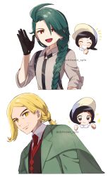 Rule 34 | 1boy, 2girls, :d, ^ ^, alternate hairstyle, black gloves, black hair, black necktie, black vest, blonde hair, blush stickers, braid, braided ponytail, bright pupils, chitozen (pri zen), closed eyes, closed mouth, collared shirt, commentary request, creatures (company), earrings, game freak, gloves, green hair, green jacket, grin, hand up, happy, hassel (pokemon), highres, jacket, jewelry, multiple girls, necktie, nintendo, open mouth, parted bangs, pokemon, pokemon sv, poppy (pokemon), red necktie, rika (pokemon), shirt, smile, sparkle, suspenders, teeth, twitter username, vest, watermark, white background, white pupils, white shirt, yellow eyes