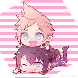 Rule 34 | 2boys, black hair, blonde hair, boots, chibi, final fantasy, final fantasy xv, fingerless gloves, freckles, gloves, highres, lying, lying on person, male focus, mirin., multiple boys, noctis lucis caelum, on stomach, one eye closed, pink stripes, prompto argentum, spiked hair, striped, striped background, twitter username