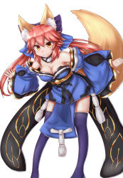Rule 34 | 10s, 1girl, animal ear fluff, animal ears, blue thighhighs, breasts, cleavage, collarbone, detached sleeves, fang, fate/extra, fate/grand order, fate (series), fox ears, fox tail, highres, horokusa (korai), japanese clothes, large breasts, looking at viewer, pink hair, simple background, smile, solo, tail, tamamo (fate), tamamo no mae (fate/extra), thighhighs, white background, yellow eyes
