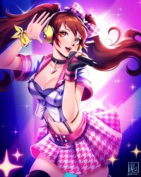 Rule 34 | 1girl, blush, bow, breasts, brown hair, choker, cleavage, collarbone, fingerless gloves, gloves, hair bow, headphones, highres, houndstooth, kujikawa rise, microphone, persona, persona 4, single glove, skirt, solo