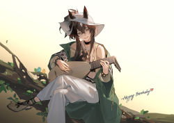 Rule 34 | 1girl, :d, alternate eye color, animal ears, arknights, bare shoulders, black choker, black hair, choker, coat, commentary, crop top, crossed legs, ears through headwear, fedora, foot out of frame, green coat, grey eyes, hair between eyes, happy birthday, hat, highres, holding, holding instrument, horse ears, hug (yourhug), infection monitor (arknights), instrument, long sleeves, lute (instrument), meteor (arknights), meteor (bard&#039;s holiday) (arknights), music, off shoulder, official alternate costume, open clothes, open coat, open mouth, pants, playing instrument, shoes, smile, solo, white hat, white pants