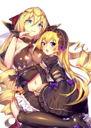 Rule 34 | 2girls, :p, black dress, black legwear, blonde hair, blue eyes, breasts, center opening, character request, circlet, cleavage, copyright request, curly hair, dress, hairband, hand to own mouth, hug, lolita hairband, long hair, multiple girls, navel, open mouth, purple eyes, shennai misha, sitting, smile, thighhighs, tongue, tongue out, very long hair