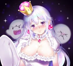 Rule 34 | 1girl, blush, boo (mario), breasts, cleavage, closed mouth, collar, crown, detached collar, dress, frilled collar, frilled dress, frilled gloves, frills, gloves, hair between eyes, highres, jewelry, large breasts, liechi, long hair, looking at viewer, luigi&#039;s mansion, mario (series), new super mario bros. u deluxe, nintendo, pointy ears, princess king boo, short sleeves, star-shaped pupils, star (symbol), super crown, symbol-shaped pupils, thighhighs, tilted headwear, white dress, white gloves, white hair, white thighhighs